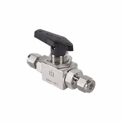 This straight-body ball valve is constructed from 316 stainless steel for corrosion resistance. It features a locking lever handle for secure position control and Let-Lok x Let-Lok connections. Used for on/off flow control in industrial fluid systems.