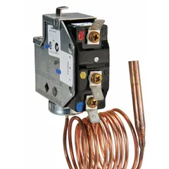 Manual reset single-pressure control with SPST contact form, rated 277V AC. Opens on pressure fall within 7 to 40 psi range. 1/4 in sweat connection. Used as a low-limit cut-out in HVAC and refrigeration systems to protect compressors and pumps from low-pressure conditions.