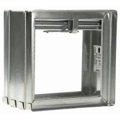 Rectangular fire damper with curtain blade and gravity closure mechanism, designed for vertical mounting. Constructed of galvanized steel for use in HVAC ductwork. Measures 5 3/4 inches in height, 5 3/4 inches in width, and 3 3/4 inches in length.