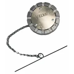 Threaded diesel fuel cap with chain and cross bar, non-vented, silver, 2 3/8 in neck diameter and length. Lockable design secures diesel fuel tanks on trucks, heavy equipment, and generators.