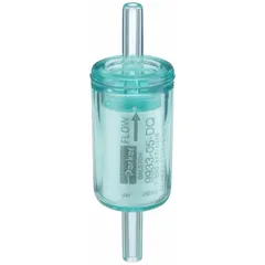 Disposable compressed air filter with nylon housing for 1/4 in tube connections. Provides 0.01 micron filtration at 8.3 cfm with 93% efficiency. Maximum operating temperature 230°F. Used to remove particulates from compressed air lines in pneumatic systems.