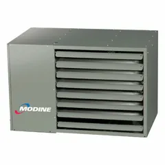 This MODINE standard-profile suspended gas unit heater is designed for heating commercial and industrial spaces such as warehouses, factories, and workshops. It delivers 200,000 BtuH heating capacity using natural gas with a power-vented combustion system and a propeller fan. The unit measures 25.81 in x 42.53 in x 29.52 in and has a 1/2 in gas connection.