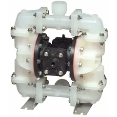 This air-operated double-diaphragm pump features a PVDF housing, PVDF seat material, and Santoprene check valves. It has 3/4 in NPT connections, delivers up to 23 gpm, and achieves a maximum head of 231 ft. Typical applications include transfer of corrosive fluids in chemical processing, water treatment, and mining operations.