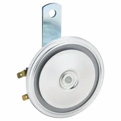 FIAMM 40310 is a 12V DC high-tone electric horn with a maximum sound level of 130 dB. It features an unfinished silver finish and includes a mounting bracket. Designed for off-road vehicles, it provides a loud warning signal in rugged environments.