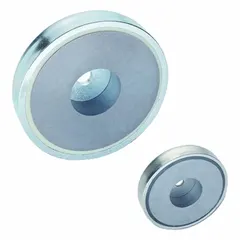 This ELESA cup magnet features a neodymium rare earth element encased in a steel cup, providing a maximum pull force of 69.4 lbf. With a 32 mm outside diameter and 7 mm thickness, it is suited for holding, lifting, and positioning ferrous parts in industrial automation, jigs, fixtures, and material handling applications.