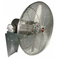 This hazardous-location industrial wall-mount fan from Dayton features a 36-inch blade diameter and a 3/4 hp motor. It operates on 115/230V AC with a single speed and is non-oscillating. Designed for arm mounting on walls, it provides ventilation in environments requiring explosion-proof or safety-rated equipment, such as factories, warehouses, and processing plants.
