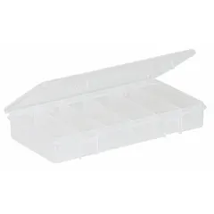 This clear plastic compartmented box has six fixed compartments, each measuring 1-1/4 in x 1-1/4 in. It is not electrostatic discharge conductive. Suitable for organizing small parts such as fasteners, beads, or craft supplies in workshops, garages, or assembly areas.