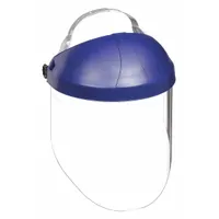 This 3M face shield features a clear, uncoated polycarbonate visor that is dielectric and reusable. The visor measures 14 1/2 inches wide by 9 inches high, and the headgear is blue. Suitable for splash and impact protection in industrial environments, including electrical work, assembly, and maintenance tasks