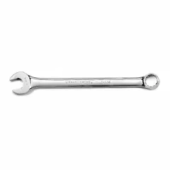 Alloy steel combination wrench with chrome finish and offset design. Features a 1 1/4 in 12-point box end and 16 in overall length. Used for tightening and loosening fasteners in mechanical assembly and maintenance tasks.