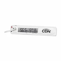 CDN TA20 thermometer monitors temperatures inside refrigerators or freezers. It attaches to the outside for easy reading. Features a metal-detectable ABS plastic case and LCD display. Accuracy is ±4 °F. Overall length 5 1/4 in.