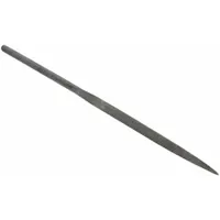 Triangular needle file with a length of 6-1/4 inches, width of 1/4 inch, and thickness of 5/32 inch. Features a Type 0 cut for fine finishing. Used for precision filing in tight angles, keyways, and sharp internal corners in tool and die making, metalworking, and jewelry fabrication