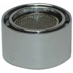 Brass aerated flow outlet with chrome finish. Connection size 55/64"-27. Includes spanner wrench for installation. Used in plumbing systems to reduce splashing and improve water efficiency.