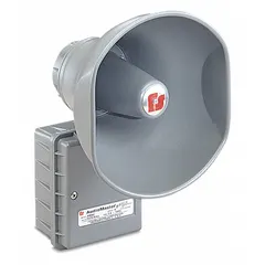1-way powered horn speaker for outdoor public-address and paging. Overall height 14 in, width 10 1/4 in. Self-amplified design eliminates external amplifier. Suitable for industrial plants, warehouses, parking lots, and weather-exposed areas.