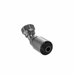 Steel 45° elbow crimp hydraulic hose fitting with ORS (O-Ring Seal) connection. Female x genderless gender, 0.511"-27 thread, for -10 hose dash size. Used in hydraulic systems to connect hoses, providing a leak-resistant seal in fluid power applications.