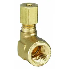 This brass compression fitting features a standard sleeve design for connecting tubing to female threaded ports. It is configured as compression x FNPTF with 1/8 in OD tube size and 1/8 in pipe thread, supplied in a 10-pack. Suitable for low-pressure fluid and gas applications in pneumatic, hydraulic, and instrumentation systems.