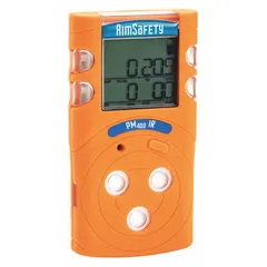 Portable multi-gas detector for personal safety monitoring in industrial environments. Detects combustible gas, carbon monoxide, hydrogen sulfide, and oxygen levels. Features an orange IP67-rated housing, lithium-ion battery, and USB communication protocol.