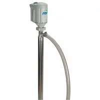 Centrifugal electric drum pump for transferring fluids from drums or containers. Features a 4/5 hp motor, 115 V AC power, 40 gpm flow rate, and a 316 stainless steel suction tube. Includes hose. Suitable for industrial and chemical processing applications requiring corrosion resistance