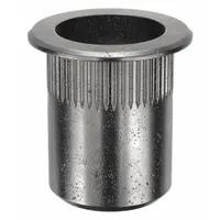 This twist-resistant rivet nut provides a permanent M8-1.25 coarse threaded anchor in thin materials. Constructed from 1010/1008 steel with an open-end round design, it requires a 13.5 mm drill bit and meets 6H thread fit. Suitable for blind-side fastening in sheet metal, plastic, or composite panels