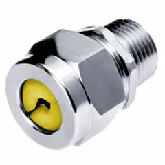 Straight metallic cable grip with steel body and silver finish. Connects via 1 in MNPT to boxes or enclosures, accepting cord diameters from 0.63 to 0.75 in. Rated IP66 and Class I, Division 2 for hazardous locations. Includes yellow color-coded grommet; overall length 2 1/8 in.