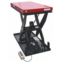 Fixed-top electric lift table with a 1,500 lb load capacity, 39 in maximum lifting height, and 48 in platform length. Operates on 115V AC power with a hydraulic lifting mechanism. Suitable for ergonomic material handling in warehouses, assembly lines, and maintenance shops where stable positioning of loads is required.
