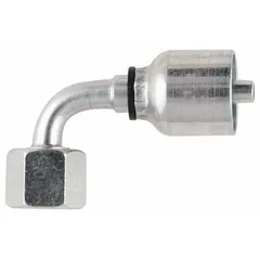 Steel 90° elbow hydraulic crimp fitting with female x genderless configuration. Features a metric M14-1.5 thread on one end and a crimp connection for -4 hose dash size. Used in hydraulic systems to connect metric-threaded components to hose assemblies requiring a permanent, leak-resistant joint.