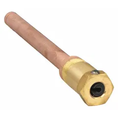 This thermowell is designed for direct mounting in HVAC systems to house temperature sensors or bulbs. It features a copper shank and brass connection material, with an inside diameter of 0.43 in and a maximum insertion/bulb length of 4-15/16 in. The setscrew secures the sensing element, allowing easy removal for maintenance without system shutdown.