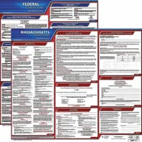 This poster set displays required federal and Massachusetts state labor law postings in English on a 30 in x 24 in plastic sheet. It is used to inform employees of their rights and employer obligations in workplaces such as industrial facilities, warehouses, and offices