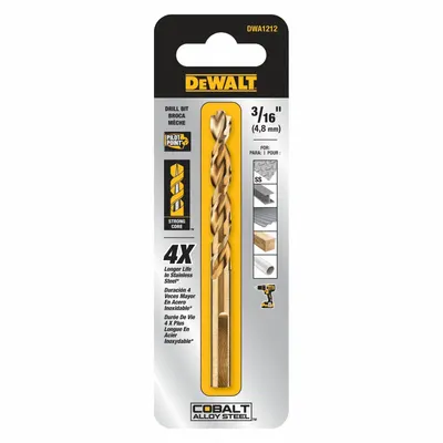 DEWALT Jobber Length Drill Bit: 3/16", 135° Split Point - General Purpose Cobalt Jobber-Length Drill Bits