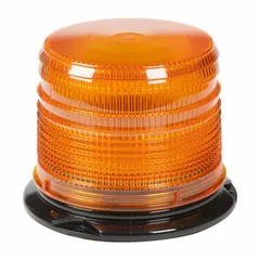 Amber LED vehicle flashing beacon with round shape and pipe mount. Operates on 12 to 24V DC with 26 selectable flash patterns. SAE Class 2 rated. Electrical connection via blunt cut wires. Overall dimensions: 6 3/8 in width, 4 7/8 in height. Suitable for warning and signaling on service, utility, and construction vehicles.