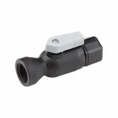 This manual two-way ball valve features a straight polypropylene body with 1/4 in FNPT x FNPT connections and a full-port ball port for minimal pressure drop. The lever handle provides straightforward on/off flow control. NSF 51 compliance supports use in food-contact and potable-water systems within polypropylene piping networks.