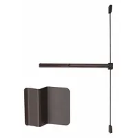 This VON DUPRIN rim exit device features a bronze finish and touchbar style, designed for doors up to 4 ft wide. It includes a dummy pull outside trim for push-only operation and is ADA compliant. Suitable for commercial egress applications requiring a rim-type exit device