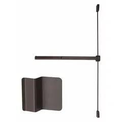 This VON DUPRIN rim exit device features a bronze finish and touchbar style, designed for doors up to 4 ft wide. It includes a dummy pull outside trim for push-only operation and is ADA compliant. Suitable for commercial egress applications requiring a rim-type exit device.