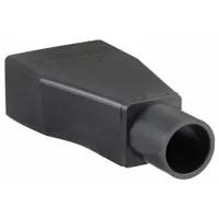 Black PVC terminal cap with clamp connection for 1/0 to 2/0 AWG cables. Provides insulation and protection for cable terminations in electrical systems, such as panel boxes and power distribution