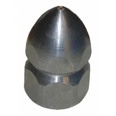 This jetted sewer nozzle features a fan spray pattern and a female inlet. Rated for 5000 psi with a flow of 7.27 gpm, it operates within a pressure range of 5000 to 6000 psi. Used for high-pressure jetting of sewer and drain lines to clear blockages.