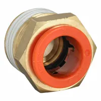 Brass push-to-connect adapter fitting with BSPT male thread. Connects 1/2 in OD polybutylene or brass tubing to 1/2 in threaded ports. Used in pneumatic systems for air lines, actuators, and control valves