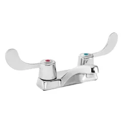 Centerset handle bathroom faucet with low arc design. Constructed of brass with polished chrome finish. Flow rate of 0.5 gpm. Suitable for residential and commercial lavatory sinks.