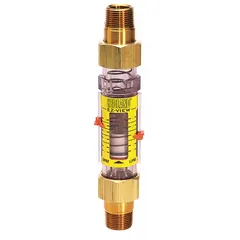 Inline variable-area flowmeter for oil, with scale display reading in liters. Accuracy +/-5%. Buna-N seals and O-rings. Universal mounting orientation. No pressure gauge or flow adjustment knob. Used in hydraulic and lubrication systems for flow monitoring.