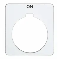 Square non-metallic plastic legend plate for 30 mm panel mounting. Measures 1 13/16 in overall height and width. White background with black 'On' text in English and a notch indicator. Used to label push-button functions in industrial control panels