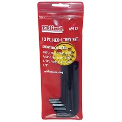 This 13-piece L-shaped hex key set includes SAE sizes with both short and standard tips. The keys feature a black oxide finish and are stored in a pouch. Suitable for tightening or loosening hex socket screws and bolts in maintenance, assembly, and repair tasks.