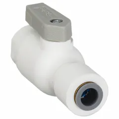This manual two-way ball valve features a one-piece polypropylene body with push x push connections and a lever handle. It is used for on/off flow control in piping systems handling corrosive fluids, water, or chemicals.