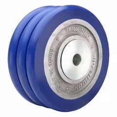 This wheel features a polyurethane tread on a steel core with a blue UltraGlide tread shape. It has an 8-inch diameter and 3-inch width, supporting a load rating of 2,800 lb. Suitable for heavy-duty material handling applications such as carts and tow lines.