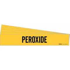 Yellow adhesive pipe marker with black legend text reading 'Peroxide'. Designed to fit pipe outer diameters of 8 inches and larger. Sold in a pack of 5 markers without arrows. Used for identifying peroxide piping in industrial facilities.