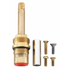 This disc faucet cartridge is designed for use with hot water in Speakman Commander Series faucets. Constructed with a brass body and plastic components, it features a ceramic disc mechanism for reliable flow control. The cartridge is a direct replacement part for maintaining faucet performance in commercial or industrial settings.