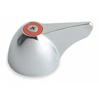 Metal lever handle for hot/cold water faucets. Polished chrome plate finish. Includes blue index button for temperature identification. Compatible with Chicago Faucets fixtures. Used in commercial or industrial plumbing applications
