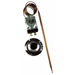 Electric thermostat with a 60 to 250 dial, 60-inch capillary, and 60°F to 250°F temperature range. Operates on 120V AC/277V AC input voltage. Used for temperature control in cooking equipment such as ovens, fryers, and griddles.