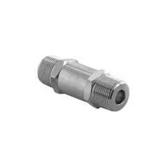 This inline poppet check valve features a 316 stainless steel body and seat, with 3/4" MNPT x MNPT connections. It prevents reverse flow in instrumentation and process lines, suitable for corrosive or high-purity environments in oil and gas, chemical, and power generation systems.