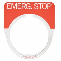 Half-round legend plate for Series 10250T push buttons. Overall width 1 5/8 in. Designed for 30 mm panel mounting. Used to label emergency-stop functions in industrial control panels