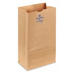 This kraft paper grocery bag measures 6 inches wide, 3 2/3 inches deep, and 11 1/6 inches high. Supplied in a 400-pack, it is suitable for retail packaging, carryout, and light-duty storage of small parts or products.