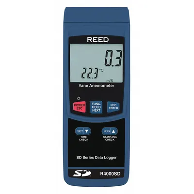 REED INSTRUMENTS Anemometer: 1 fpm Air Velocity Resolution, Rotating Vane, Air Velocity/Temp - Rotating Vane Air Velocity Meters
