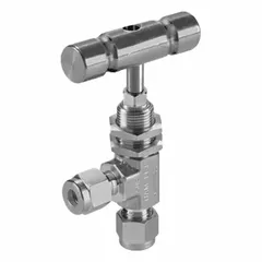 316 stainless steel angle-body needle valve with integral bonnet and regulating stem. Designed for precise flow control of liquid media in industrial piping systems. Features a metal tee handle and Let-Lok connections on both sides. Complies with ISO 15848-1 standards.
